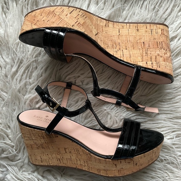 Kate Spade Tallin Black Patent Leather T-Strap Cork Platform Wedge Sandal EUC 10 - Picture 2 of 11